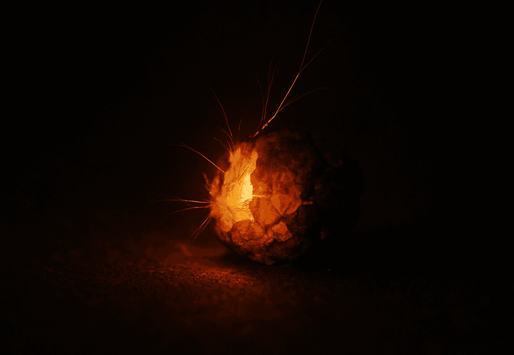 glowing ember igniting in darkness, macro shot, warm light, concept of desire and spark, minimalist composition